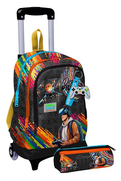 Coral High Lighted Boy, Black Drone Pilot Printed, Primary School Rickshaw Bag and Pen Holder Set