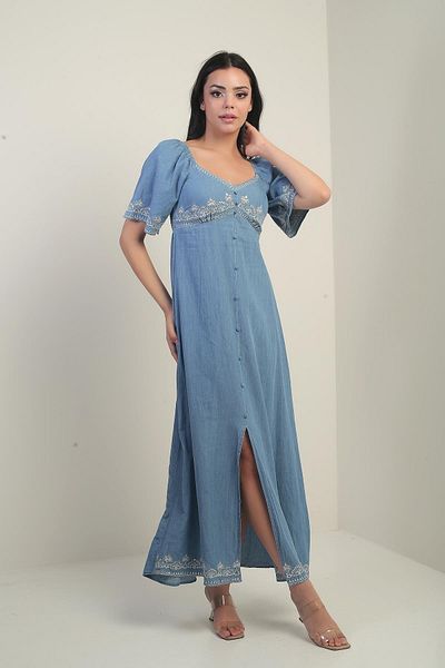 By Saygı Women's Pentagonal Collar Button Detailed Embroidered Long Denim Dress with Gipsey Back