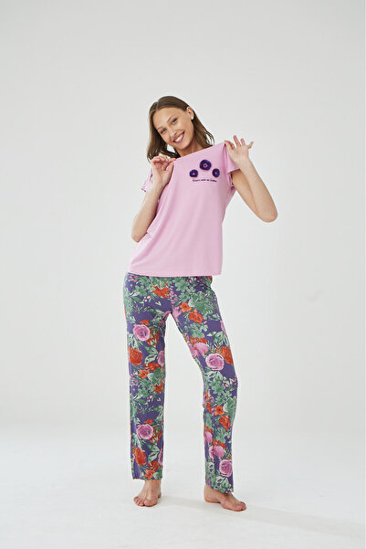 İPEKTENİM Püskül Çiçek İşlemeli Renkli Pijama Takımı
