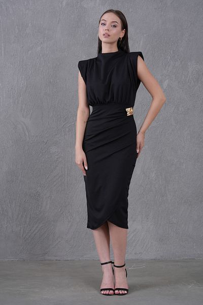 Secret Passion Lingerie New Season Shoulder Padded Wrap Cut Gold Accessory Midi Length Sleeveless Black Dress 4409