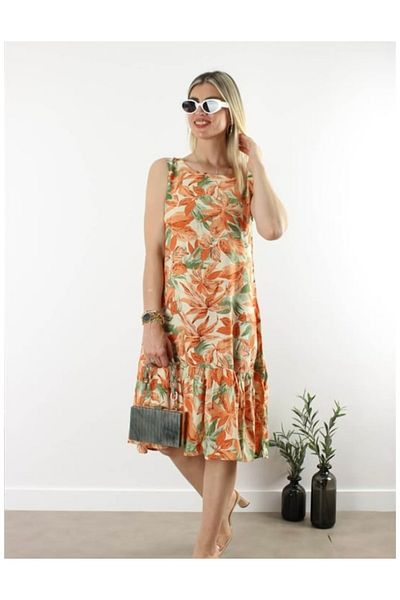 MODA Leaf Pattern Hazan Color Emprime Sweat Sub Ruffle Dress