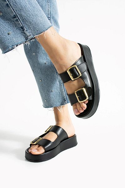 AlbiShoes Calie Women's Anatomical Comfort Two-Strap Gold Detail Buckle Summer Daily Flat Sandals Slippers