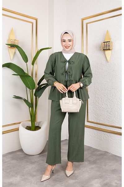 HARMAN BUTİK Women's Tie-Up Strawberry Fabric Khaki Double Suit