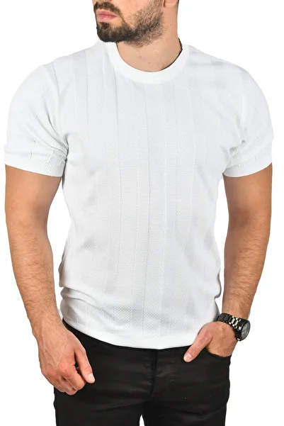 DeepSEA Men's White Slim Fit Cotton Knitwear T-Shirt Slim Fit Breathable Crew Neck T-Shirt 2504348