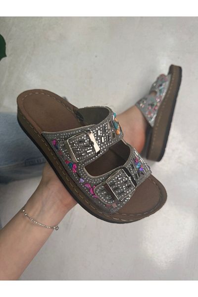 İmerShoes Daily Women's Slippers Double Buckle Stone Bead Detailed Soft Stitched Orthopedic Cork Sole 34155