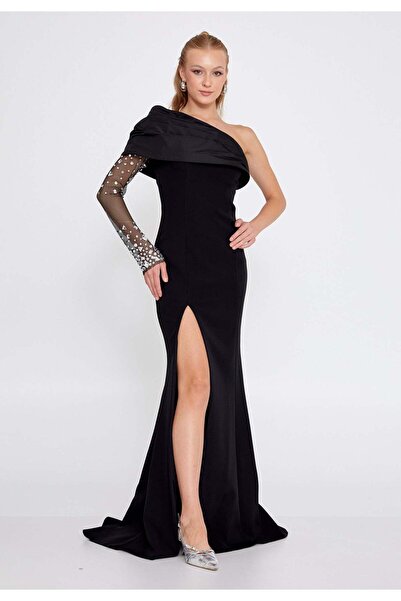 Elbisemhazır Tek Omuz Taş Detaylı Yırtmaçlı Exclusive Kadın Uzun Abiye Elbise