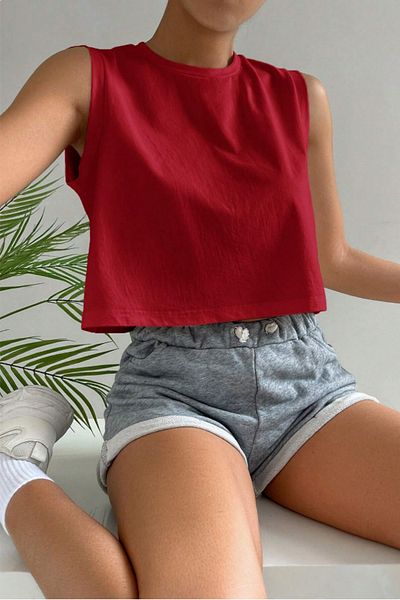 Tarz Cool Red 100% Cotton Basic Crew Neck Single Jersey Sleeveless T-Shirt