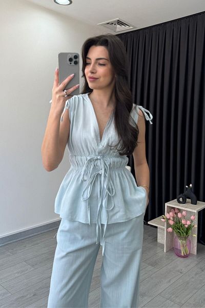 ECEMİ Elina Linen Textured Blue Blouse Trousers Set