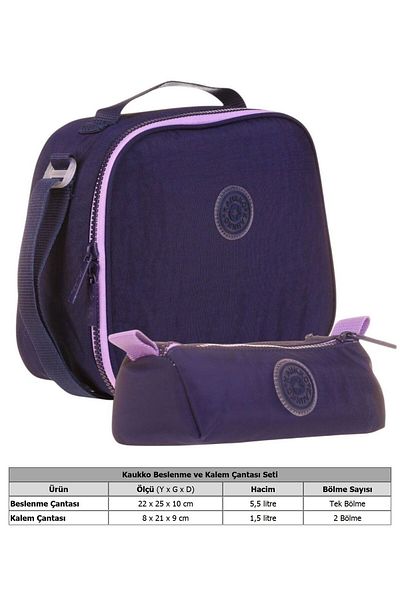 KAUKKO Thermal Insulated Lunch Bag and Pen Holder Set - Navy Blue Purple - Girl - Crinkle Fabric
