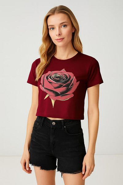 HAKKE Rose Printed Lycra Single Jersey Crop T-Shirt