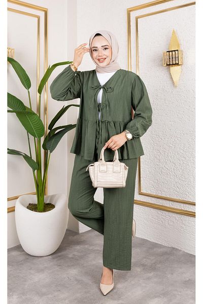 HARMAN BUTİK Women's Tie-Up Strawberry Fabric Khaki Double Suit