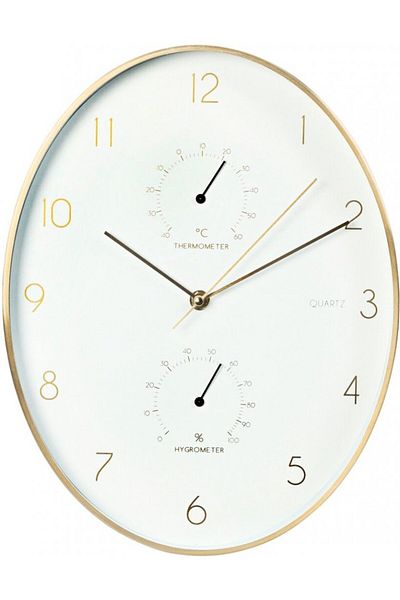 Excellent Wall clock with thermometer and hygrometer, gold frame, 34.5 cm