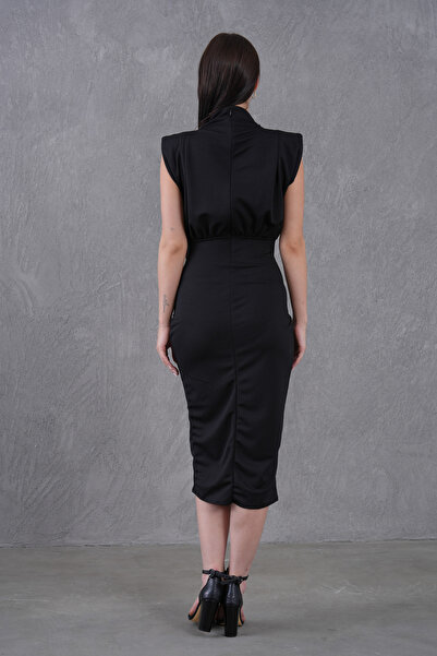 vuvutasarım Women's Black Crepe Fabric Stand Collar Accessory Detail Draped Midi Evening Dress Graduation Dress 4409