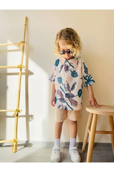 WİKİBOOM Leaf Patterned Shirt and Shorts Set