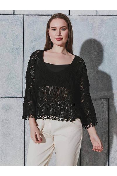Coral V-Neck Lace Knitwear Blouse Black