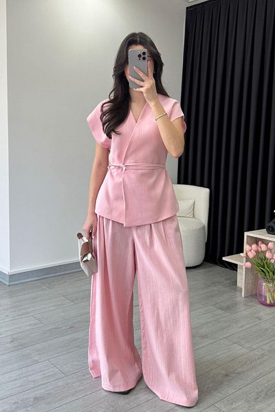ECEMİ Romy Pink Linen Vest Pants Set