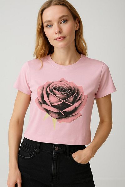 HAKKE Rose Printed Lycra Single Jersey Crop T-Shirt