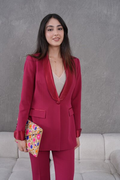 nodilife Saten Yaka Broşlu Kadın Takım Elbise Bordo