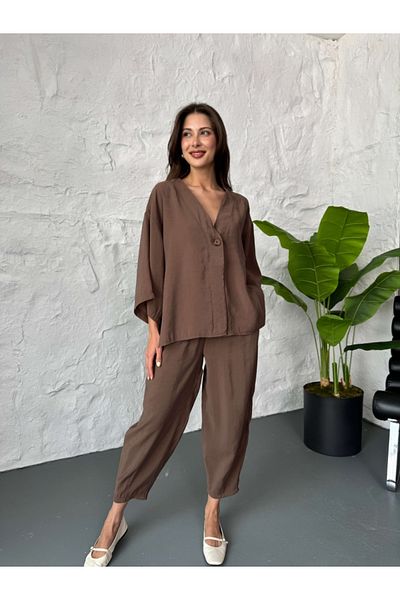 Elif Özbey Butik Brown Single Button Blouse Pants Suit