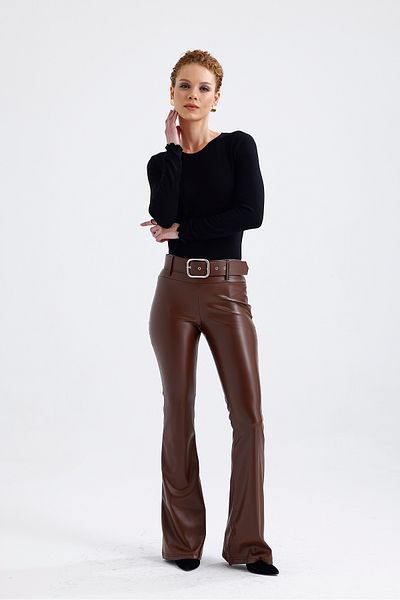 Sense Belted Spanish Leg Faux Leather Trousers Pnt33313 Chocolate