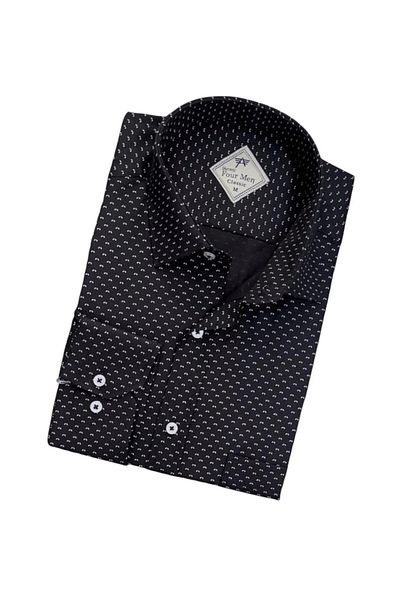 GÖMLEK GALERİSİ Men's Classic Wide Relaxed Fit Pocket Digital Print Pattern Long Sleeve Cotton Shirt