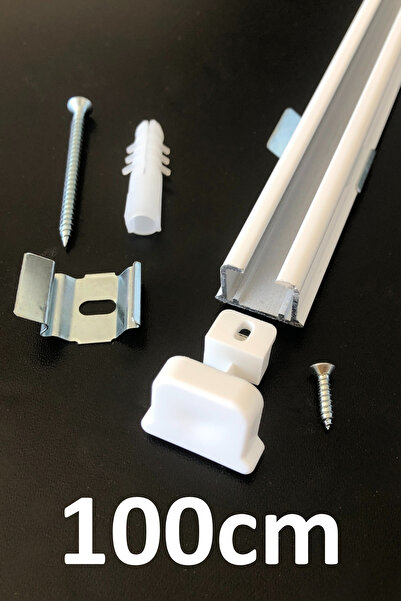 İzen Tek Kanallı 100cm Beyaz Alüminyum Ray (19mm) Tekli Korniş + Metal Portray