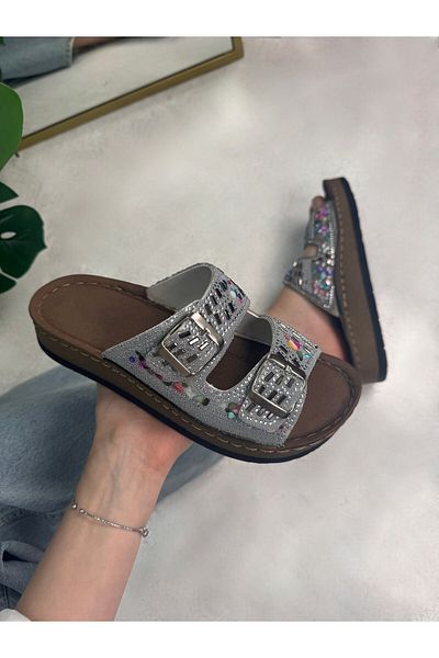 İmerShoes Daily Women's Slippers Double Buckle Stone Bead Detailed Soft Stitched Orthopedic Cork Sole 34155