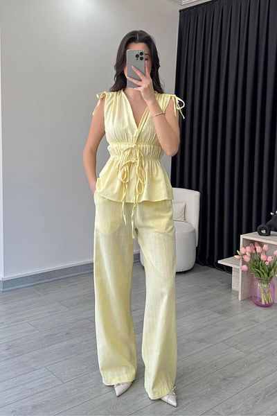ECEMİ Elina Linen Textured Yellow Blouse Trousers Set