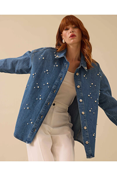 SEÇİL İnci Detaylı Oversize Jean Gömlek