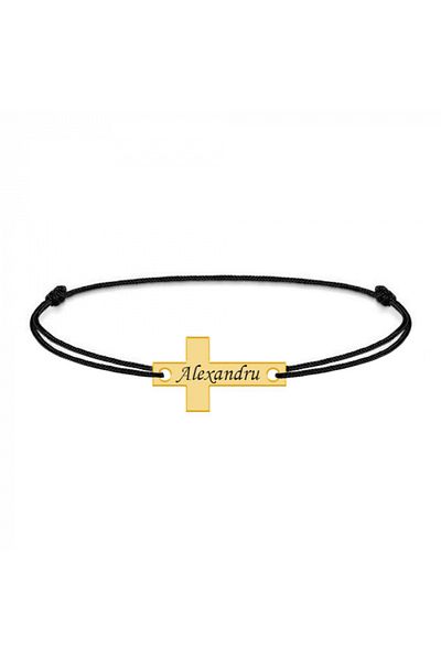 saratremo Crux - Brățară personalizată din argint placat cu aur galben de 24K cu șnur și cruce