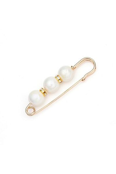 OEM Martisor women's safety pin brooch with 3 white pearl beads and rhinestones, 8 cm