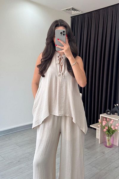 ECEMİ Alya Mink Asymmetric Blouse Trousers Set