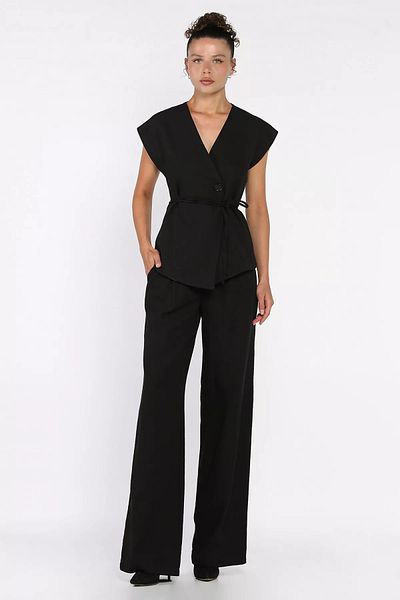 GÜLSELİ Black Waist Tie Lined Women's Vest Trousers Linen Double Suit