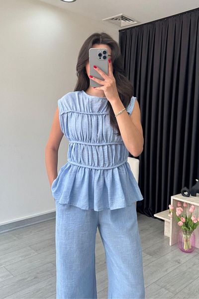 ECEMİ Via Blue Linen Blouse Pants Set