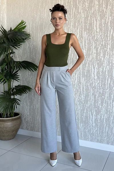 GÜLSELİ Light Gray Women's Elastic Waist Velcro Palazzo Trousers