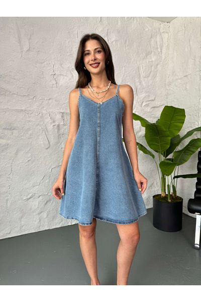 Elif Özbey Butik Blue Strap Short Jean Dress