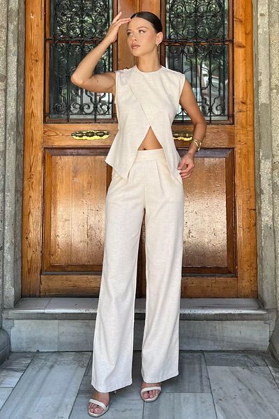 GÜLSELİ Stone Waist Lace-Up Linen Blouse Trousers Double Suit