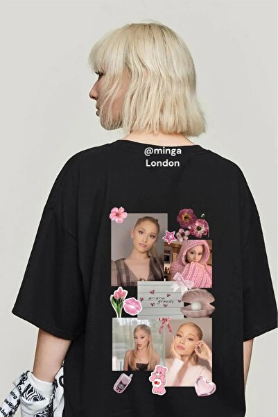 DEEFWEAR Tricou negru Ariana Grande drăguț cu colaj roz cu imprimeu față/spate