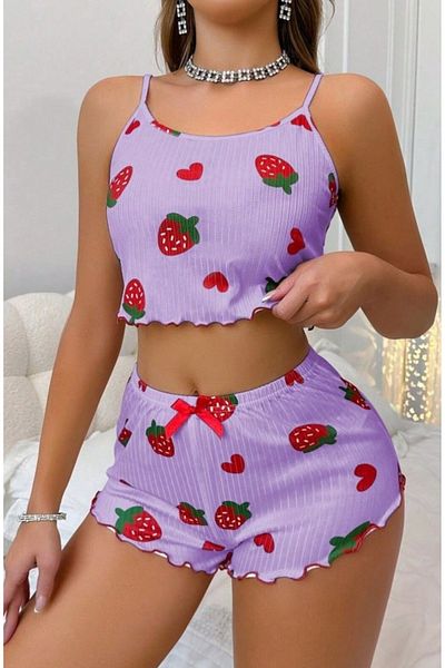 Bleu Petite Strawberry Patterned Women's Shorts Pajama Set