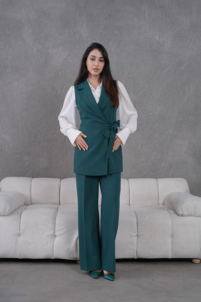 nodilife Women's Suit with Belted Brooch Detail Vest Green