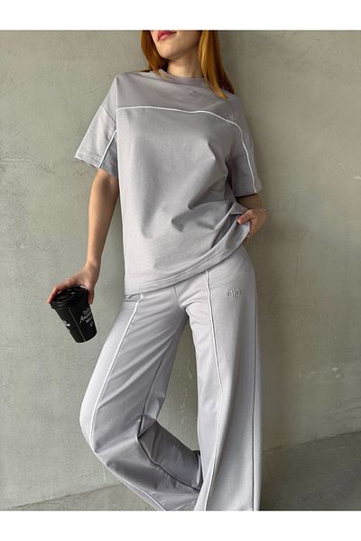 Cappmoda Tkm-03653 Painting Gray Compatible Fabric Crew Neck Tshirt Waist Elastic Palazzo Bottom Piping Double Suit
