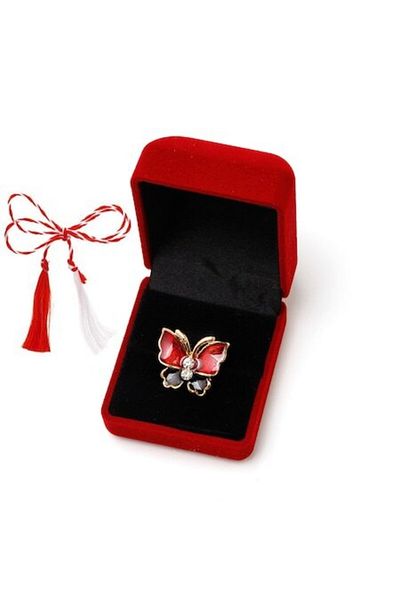 OEM Martisor brooch with rhinestones in velvet box, red butterfly