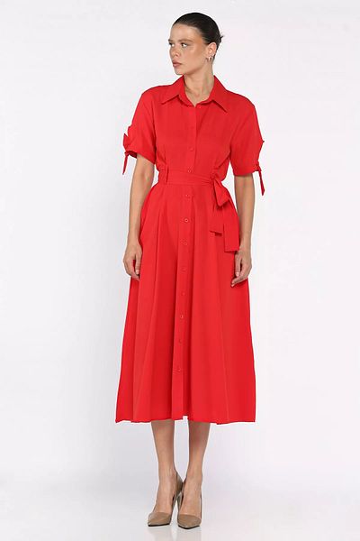 GÜLSELİ Red Buttoned and Pleated Short Sleeve Long Dress