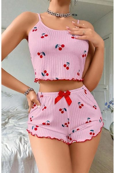Bleu Petite Pink Cherry Patterned Shorts Pajama Set