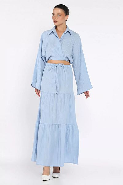GÜLSELİ Baby Blue Women's Tie-Up Blouse Skirt Double Set (Lining Is Recommended for Use)