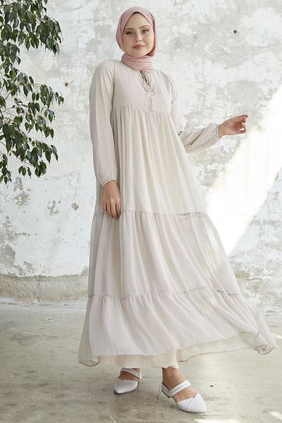 InStyle Yoryo Stone Chiffon Dress with Lace-Up Collar