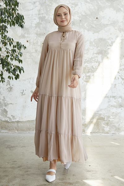 InStyle Rochie din șifon Yoryo bej deschis cu guler cu șireturi