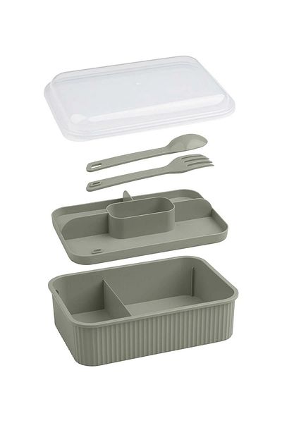 Milena Life Striped 5 Compartment Lunch Box with Fork and Spoon Transparent Lid Leakproof Lunch Box School Office 1 Piece