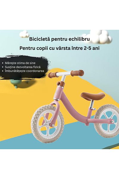 LUDIRO Bicicleta de Echilibru fara Pedale pentru Copii intre 2-5 Ani, Cu Sa si Ghidon Reglabile, Roz