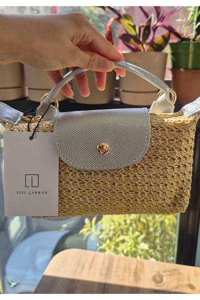 İzel Çakran Georgina Silver Cover Detailed Summer Mini Straw Hand & Shoulder Bag